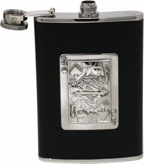 8 oz Discrete Pocket Hip Alcohol Liquor Flask in Leather (Queen of Spades) Made from 304 (18/8) Food Grade Stainless Steel