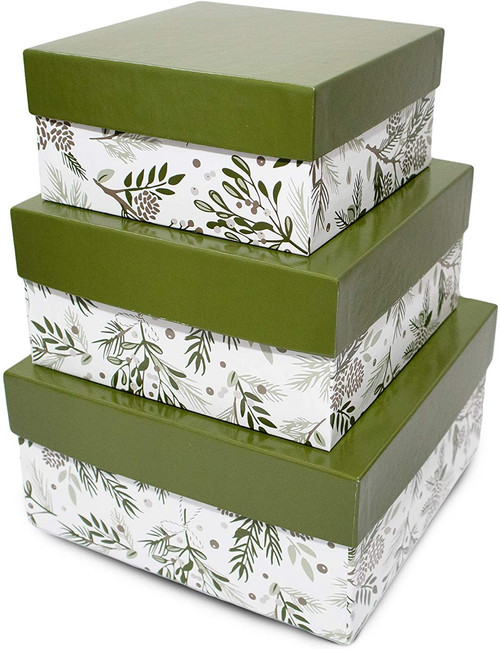 Made in USA Recycled Paper Kraft Boxes  6.25, 7.25 & 8.25  Nested Squared Boxes with Lids (Large Set of 3  Pine Green Holiday)