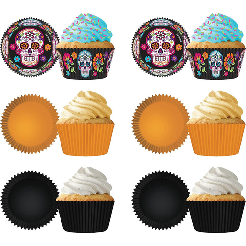 MADE IN USA Pack of 144 Thick Grease Resistant Fluted Cupcake Liners (Day of the Dead Mix)