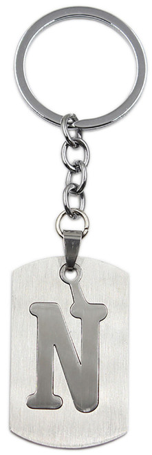 Brushed Metal Silver Stencil Letter N Keychain Ring (Fits Like a Puzzle Piece)