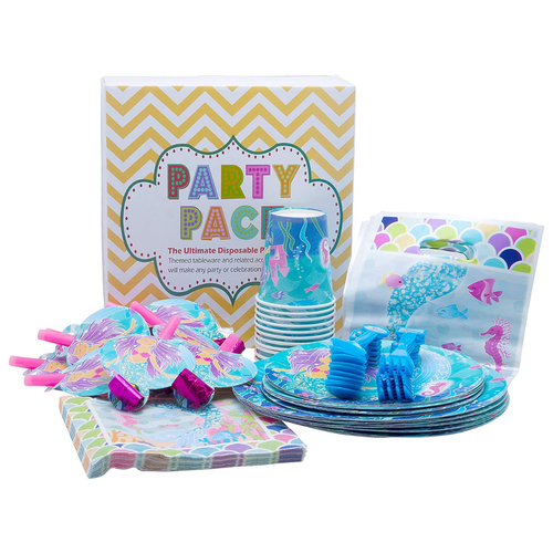 Mermaid Theme Party Pack  Disposable Paper Plates, Cups, Napkins, Forks, Spoons, Gift Bags and Party Blowers  Serves 10