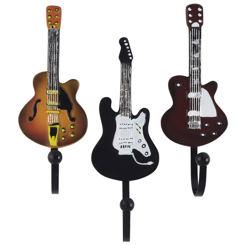 Decorative Vintage Guitar Resin Wall Coat Hooks in Tan, Brown and Black Colors (Set of 3)