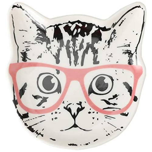 Cat with Pink Glasses Ceramic Trinket Plate and Decorative Jewelry Dish
