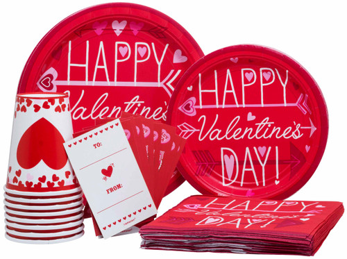 S6827_SET Happy Valentine's Day Pack! Disposable Paper Plates, Napkins, Cups and Invitation Card With Stickers Set for 15 (With free extras)