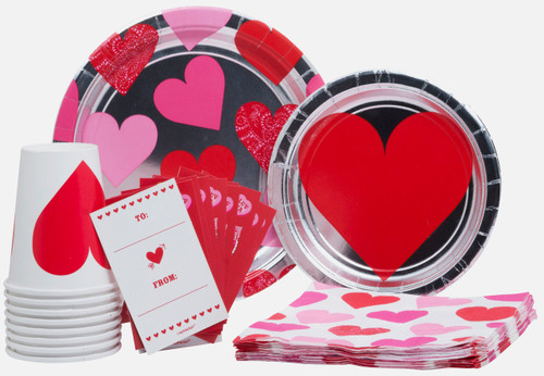 S6829_SET Key To Your Heart (Valentine's Day) Pack! Disposable Paper Plates, Napkins, Cups and Card With Stickers Set for 15 (With free extras)