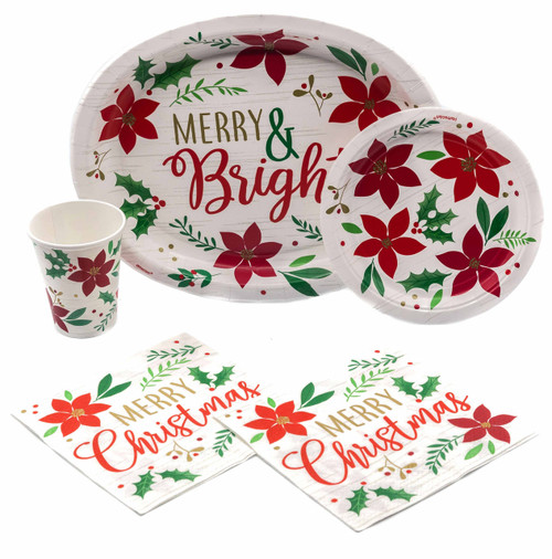 S6787_SET Holiday Christmas Wishes Tableware Pack! Disposable Paper Plates, Napkins and Cups Set for 16