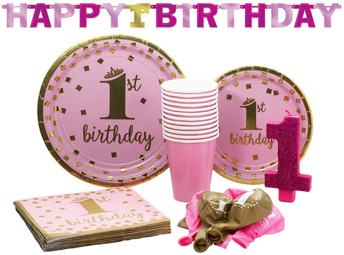 S6878_SET 1st Birthday Girl Pack! Disposable Gold-Trimmed Paper Plates, Banner, Candle, Napkins, Balloons and Cups Set for 15 (With free extras)