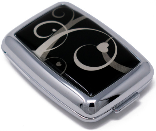 Set of 2 Dual Compartment Rectangular Pocket Purse Pill Box & Organizer with Insert (Black Heart Swirl)