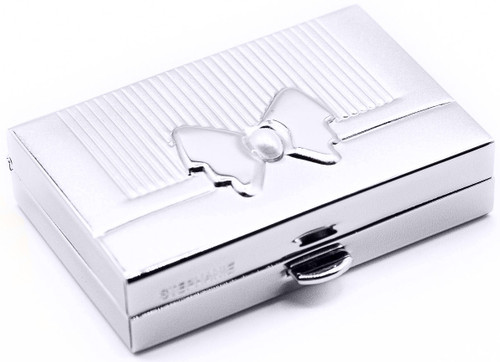 Set of 2 Rectangular Shaped Pocket Purse Pill Box & Organizer with Dual Compartments (Silver Gift Bow)