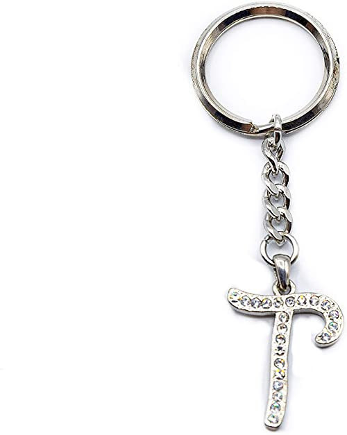 Chrome Plated Letter T Keychain Ring With Swarovski Crystals