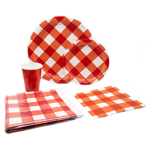 American Summer Red Gingham Picnic Pack! Disposable Paper Plates, Napkins, Table Cover and Cups Set for 16