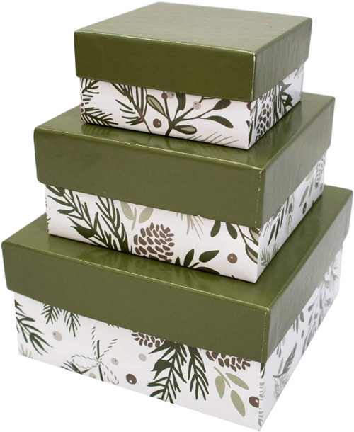 Made in USA Recycled Paper Kraft Boxes  3.25, 4.25 & 5.25  Nested Squared Boxes with Lids (Small Set of 3  Pine Green Holiday)