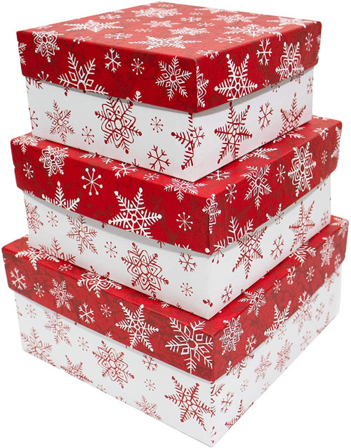 Made in USA Recycled Paper Kraft Boxes  6.25, 7.25 & 8.25  Nested Squared Boxes with Lids (Large Set of 3  Merry Christmas Snowflakes)