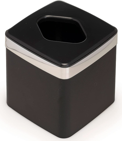 Made in USA Vinyl Cube Tissue Box Cover with Semi Gloss Finish (Faux Black Leather with Silver Band)