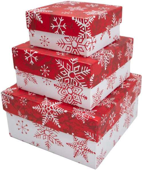 Made in USA Recycled Paper Kraft Boxes  3.25, 4.25 & 5.25  Nested Squared Boxes with Lids (Small Set of 3  Merry Christmas Snowflakes)
