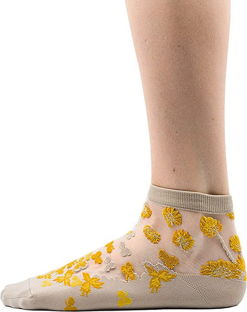 Made In Japan Pair of Yellow Clover Print Women's Sheer SeeThrough Short Ankle Socks (US 68)