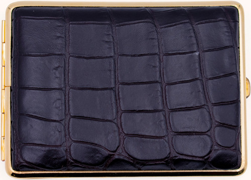 Made in Germany Genuine Leather Gold Plated Cigarette Case (18 100s) with Elastic Bands (Crocodile Black  Embossed)
