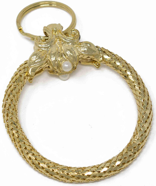 Vintage Gold Large Leaf with Pearl Circle Metal Mesh Jewelry Keychain