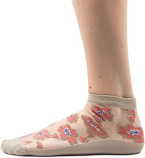 Made In Japan Pair of Peach Floral Print Women's Sheer SeeThrough Short Ankle Socks (US 68)
