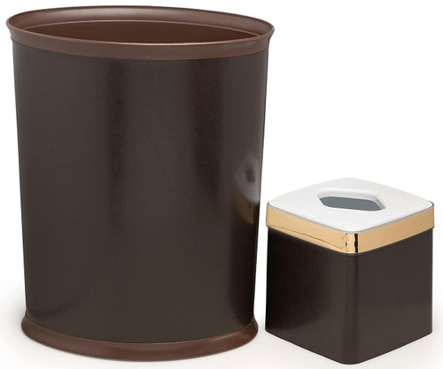 Made in USA Set of 2 Brown 5Gallon Vinyl Waste Basket & Cube Tissue Box Cover