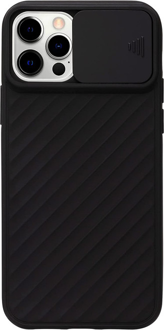Black Silicone Ridged Pattern Protective Case with Sliding Camera Cover for iPhone 12 & 12 Pro + Tempered Glass Screen Protector