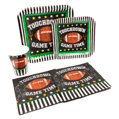 Touchdown Game Time Pack! Disposable Paper Plates, Napkins and Cups Set for 15 (With free extras)