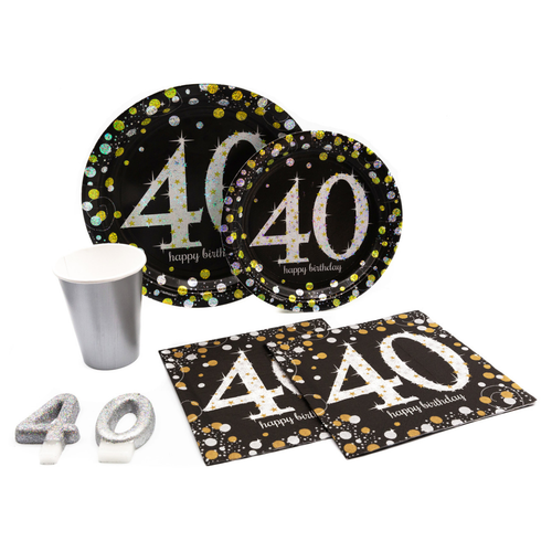 40th Birthday Pack! Disposable Paper Plates, Napkins, Cups & Candles Set for 15 (With free extras)