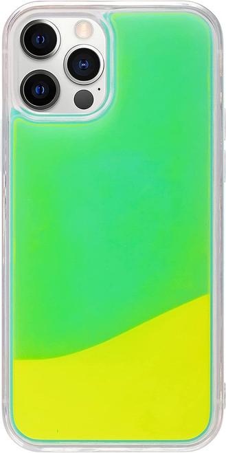 Fluorescent Green & Yellow Liquid Sand ShockAbsorbing Protective Case for iPhone 12 & 12 Pro + Tempered Glass Screen Protector