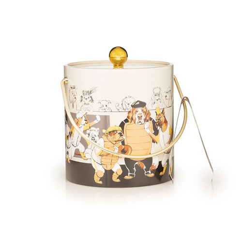 Hand Made in USA Double Walled"Baseball Hounds" 3Quart Insulated Ice Bucket with Ice Tongs & Clear Lucite Lid (Depler Collection)