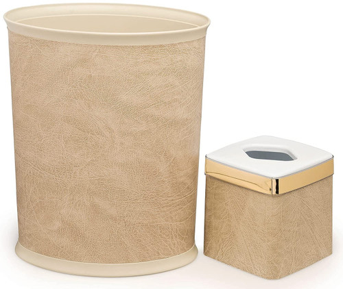Made in USA Set of 2 Faux Beige Leather 5Gallon Vinyl Waste Basket & Cube Tissue Box Cover