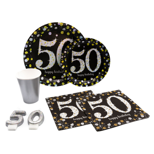 50th Birthday Pack! Disposable Paper Plates, Napkins, Cups & Candles Set for 15 (With free extras)