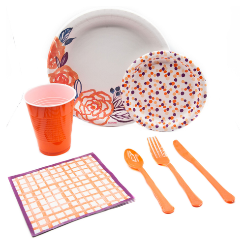 Living Coral Stripe Pack! Disposable Paper Plates, Napkins, Cutlery and Cups Set for 16