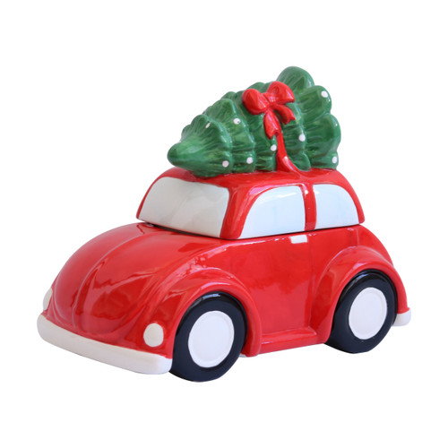 Hand Painted Red Car Christmas Themed Winter Holiday Ceramic Cookie Jar
