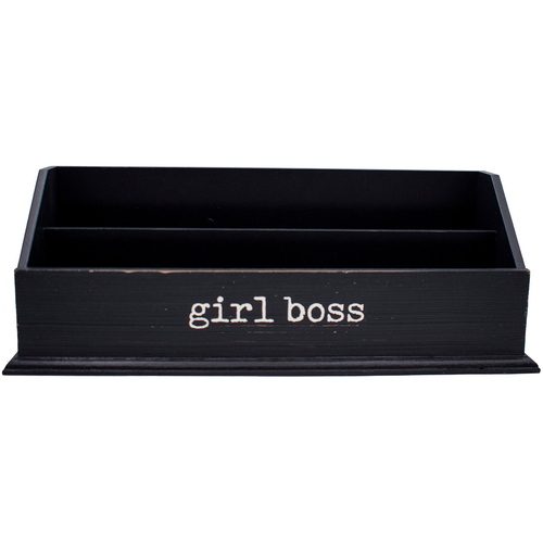 Rustic Wooden Office Desk Organizer & Mail Rack with Distressed Wood Finish 12" X 4" X 5" (Black (Girl Boss))