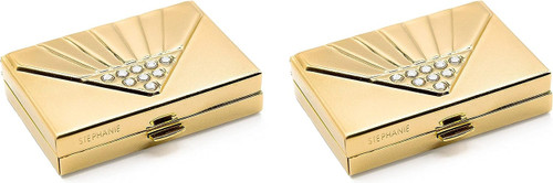 Set of 2 Rectangular-Shaped Pocket Purse Pill Box & Organizer With Dual Compartments (Gold Diamond Gem)