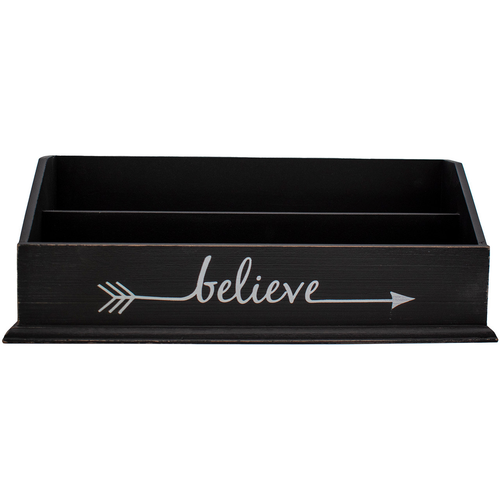 Rustic Wooden Office Desk Organizer & Mail Rack with Distressed Wood Finish 12" X 4" X 5" (Black (Believe))
