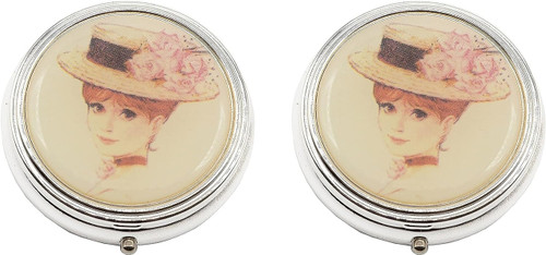 Set of 2 Circular Triple-Compartment Pocket Purse Pill Box & Organizer With Insert (Victorian Floral Hat)