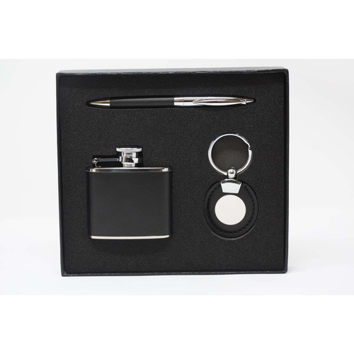 Boxed Gift Set Pen, Alcohol Flask and Keychain (Black Smooth Leather)