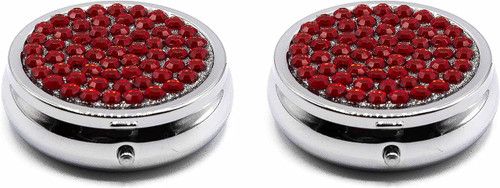 Set of 2 Circular Triple-Compartment Pocket Purse Pill Box & Organizer With Insert (Red Gemstones)