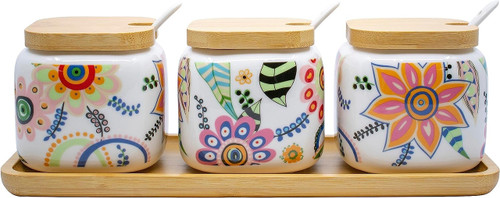 Set of 3 Printed White Ceramic Condiment Spice Jars With Spoons and Bamboo Lids and Tray (Floral Medley)