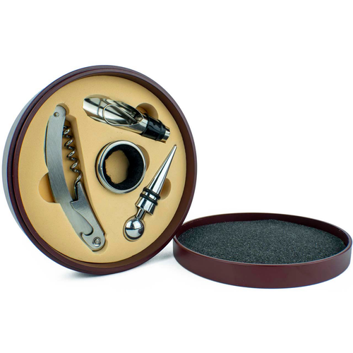 4-Piece Wine Bottle Opener Accessory Gift Set in Cherrywood Round Case