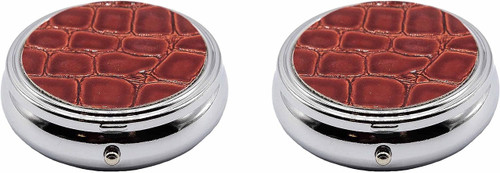 Set of 2 Circular Triple-Compartment Pocket Purse Pill Box & Organizer With Insert (Red Faux Leather)