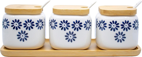 Set of 3 Printed White Ceramic Condiment Spice Jars With Spoons and Bamboo Lids and Tray (Blue Floral)