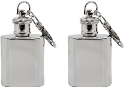 Set of 2 Stainless Steel Mini 1 Oz Hip Flasks With Snap Hook Keychain Attachment