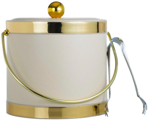 Hand Made In USA Tiffany Off White With Dual Gold Bands Double Walled 3-Quart Insulated Ice Bucket With Bonus Ice Tongs