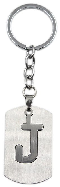 Brushed Metal Silver Stencil Letter J Keychain Ring (Fits Like a Puzzle Piece)