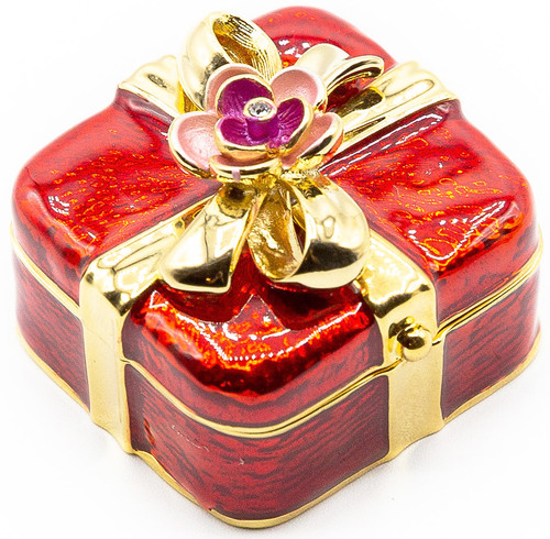Enamel Red Gift Shaped Porcelain Pocket Purse Portable Travel Pill Box (1 Large Compartment)