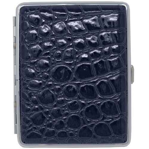 Navy Blue Crocodile Print Leather (Full Pack 100s) Metallic Cigarette Case & Stash Box