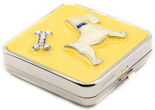 Yellow & Rhinestone Dog Bone  Folding Compact Pocket Makeup Mirror Double Sided (5x magnification + 1x magnification)
