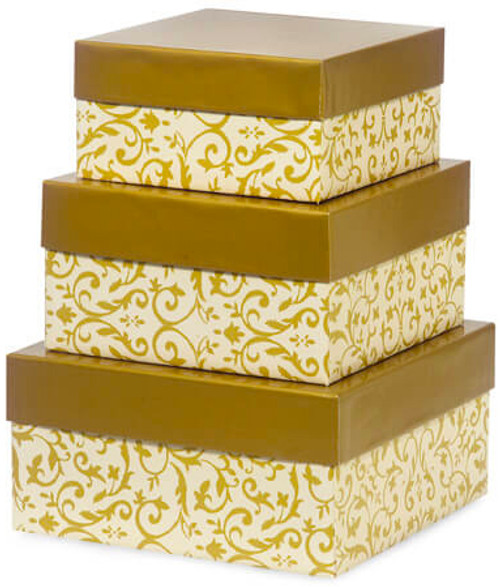 Made in USA Recycled Paper Kraft Boxes – 6.25”, 7.25” & 8.25” – Nested Squared Boxes with Lids (Large Set of 3 - Gold Florentine Tapestry)